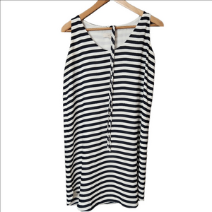 Ann Taylor LOFT Size Medium Striped Navy Sleeveless Sheath Dress tie belt